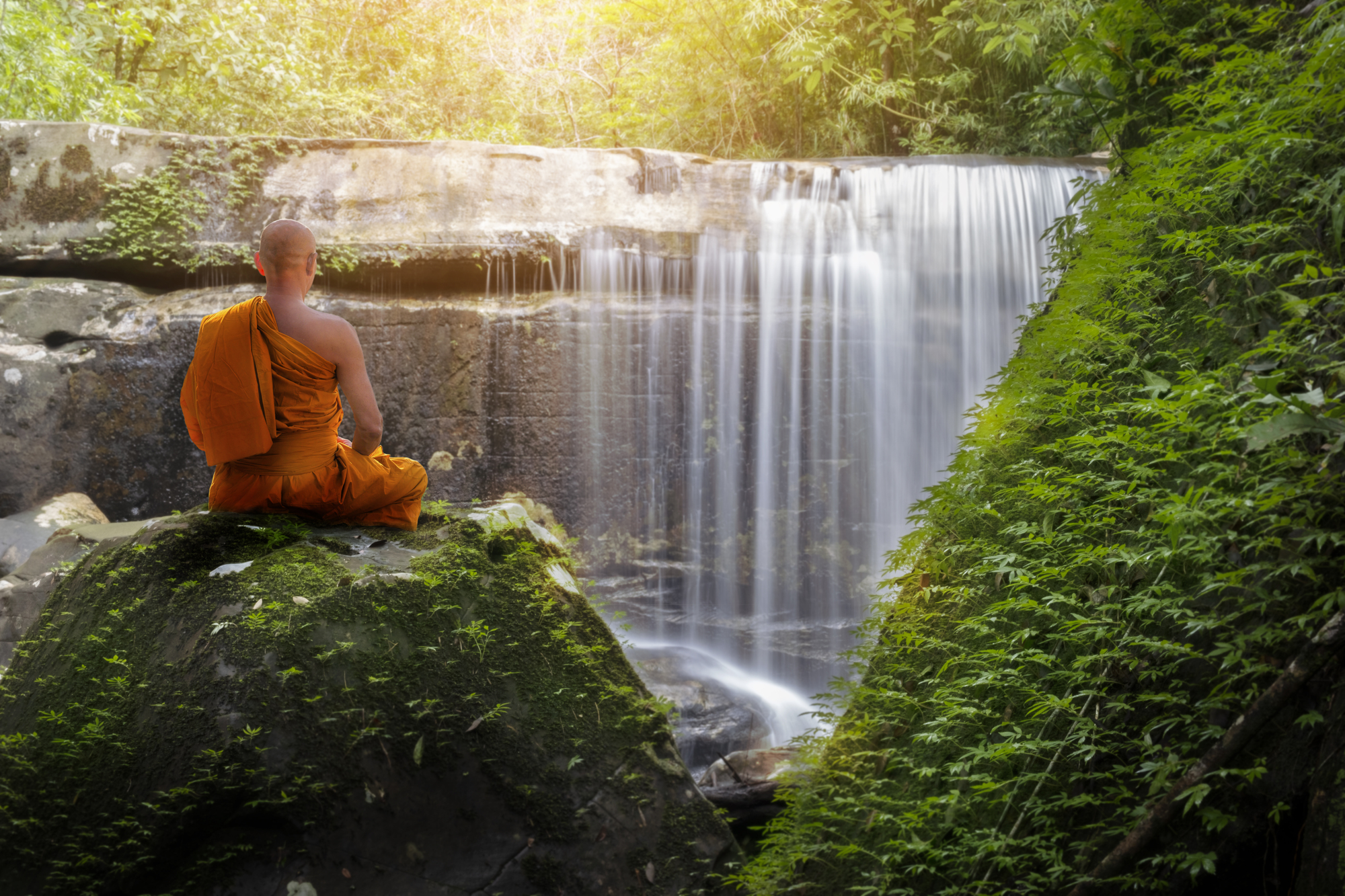 Buddha monk practice meditation with waterfall