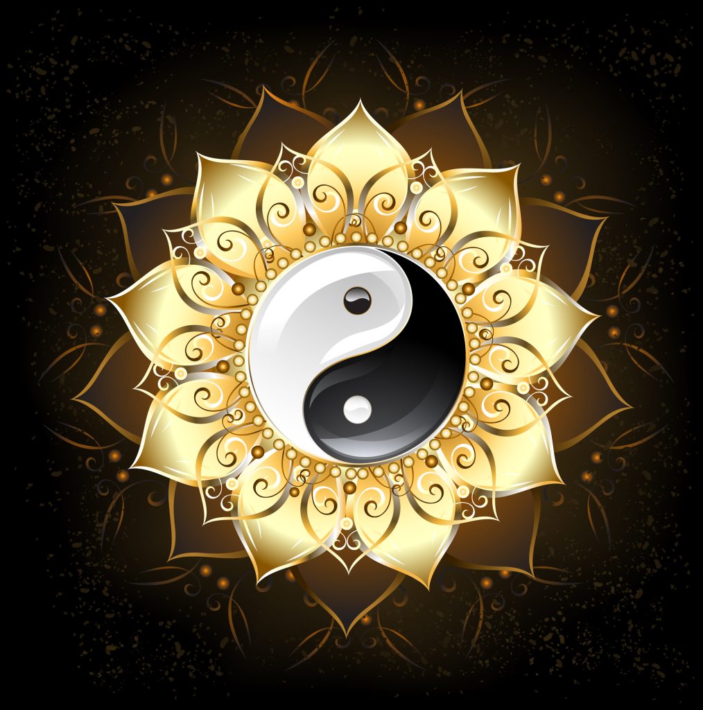 yin yang symbol , drawn in the middle of a lotus with golden petals on a black background